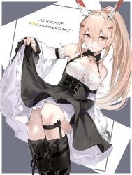 Rule 34 | 1girl, absurdres, anniversary, ayanami (azur lane), ayanami (nightfall raiment) (azur lane), azur lane, belt, black footwear, boots, catumi (ta938 ka23), collarbone, commentary request, copyright name, detached sleeves, english text, eyes visible through hair, hair between eyes, hair ornament, hairclip, headgear, highres, knee boots, lifting own clothes, long hair, looking at viewer, no pants, orange eyes, ponytail, retrofit (azur lane), sidelocks, silver hair, simple background, sitting, smile, solo, wide sleeves