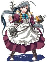 Rule 34 | 10s, 1girl, adapted costume, alternate costume, boots, bow, bowtie, enmaided, grey eyes, grey hair, hair bun, hair ribbon, kantai collection, kiyoshimo (kancolle), long hair, long sleeves, low twintails, machinery, maid, maid headdress, open mouth, ribbon, smile, solo, tatsumi ray, twintails, very long hair
