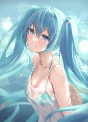 Rule 34 | 1girl, absurdres, aqua bikini, aqua hair, bare shoulders, bikini, bikini under clothes, blue eyes, blurry, blush, bokeh, breasts, camisole, cleavage, collarbone, depth of field, eyelashes, floating hair, from behind, hair between eyes, halterneck, hat, unworn hat, hatsune miku, unworn headwear, highres, long hair, looking at viewer, looking to the side, medium breasts, see-through, shirt, sleeveless, smile, solo, spaghetti strap, sparkle, strap gap, straw hat, sunlight, sweat, swimsuit, ttusee5, twintails, upper body, very long hair, vocaloid, water, wet, wet clothes, wet shirt