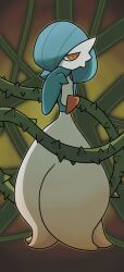 Rule 34 | 1girl, alternate color, arm behind back, blue hair, blue skin, bob cut, colored skin, covering own mouth, creatures (company), female focus, flat chest, full body, game freak, gardevoir, gen 3 pokemon, hair over one eye, half-closed eyes, hand to own mouth, hand up, highres, looking at viewer, multicolored skin, nintendo, one eye covered, orange eyes, outline, plant, pokemon, pokemon (creature), shiny pokemon, short hair, solo, standing, thorns, two-tone skin, vines, white skin, yuri (fl0werspace)
