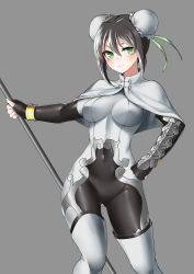Rule 34 | 1girl, absurdres, black hair, bodysuit, breasts, bun cover, capelet, chinese clothes, covered navel, double bun, fate/grand order, fate (series), fingerless gloves, gloves, green eyes, grey background, hair bun, highres, holding, holding staff, looking at viewer, medium breasts, qin liangyu (fate), revision, short hair, simple background, solo, staff, standing, white capelet, z-jun.dd-zhong