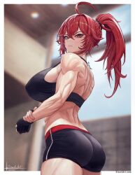 Rule 34 | 1girl, ahoge, ass, bare shoulders, blurry, blurry background, border, closed mouth, fingerless gloves, gloves, goddess of victory: nikke, high ponytail, highres, indoors, muscular, muscular female, nihilister (nikke), red eyes, red hair, short shorts, shorts, signature, sivarkart, solo, sports bra, white border