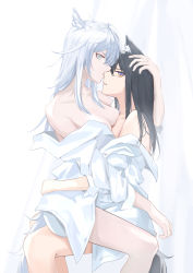 Rule 34 | 2girls, absurdres, alternate costume, animal ears, arknights, bare shoulders, black hair, breasts, breasts out, collarbone, from side, highres, hug, invisible chair, lappland (arknights), long hair, long sleeves, looking at viewer, looking to the side, medium breasts, multiple girls, naked shirt, no bra, off shoulder, open clothes, open shirt, parted lips, profile, senkane, shirt, sidelocks, sideways glance, simple background, sitting, sitting on person, tail, texas (arknights), white background, white shirt, wolf ears, wolf girl, wolf tail, yuri