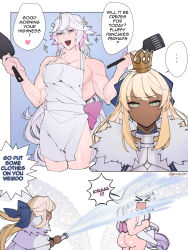 Rule 34 | ..., 1boy, 1girl, :|, abs, absurdres, alternate muscle size, alternate skin color, annoyed, apron, armor, artoria caster (fate), artoria caster (third ascension) (fate), artoria pendragon (fate), ass, bara, blonde hair, blue bow, bow, butterfly hair ornament, closed mouth, coat, crown, dark-skinned female, dark skin, english text, fate/grand order, fate (series), fur-trimmed coat, fur trim, furrowed brow, green eyes, hair bow, hair ornament, heart, highres, holding, holding pan, holding spatula, holding utensil, kyou (ningiou), long hair, merlin (fate), muscular, muscular male, naked apron, pink bow, ponytail, purple eyes, sidelocks, signature, sparkle, spatula, spoken ellipsis, spoken heart, sweatdrop, talking, white apron, white hair