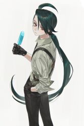 Rule 34 | 1girl, ahoge, androgynous, black gloves, black necktie, black pants, bright pupils, collared shirt, commentary, cowboy shot, creatures (company), ear piercing, expressionless, food, from above, game freak, gloves, green hair, grey shirt, hand in pocket, highres, holding, holding food, holding popsicle, itou (very ito), long hair, looking at viewer, looking back, low ponytail, necktie, nintendo, pants, piercing, pokemon, pokemon (game), pokemon sv, popsicle, red eyes, rika (pokemon), shirt, simple background, solo, standing, suspenders, swept bangs, symbol-only commentary, white background, white pupils