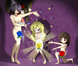 Rule 34 | 1boy, 3girls, artist request, barefoot, blood, confetti, flower, garry (ib), ib (ib), ib (kouri), lady in red (ib), mary (ib), multiple girls, nude, picture frame, plant, rose, sparkle, what