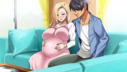 Rule 34 | 1boy, 1girl, blonde hair, blue eyes, blush, breasts, couch, cushion, dress, hair over eyes, hand on another&#039;s shoulder, hands on own stomach, happy, hayashi cherry, highres, huge breasts, indoors, legs, medium hair, netorare, nose blush, open mouth, original, pregnant, rinjin no hitozuma gal wo netotte haramasete mita, sitting, smile, thighs