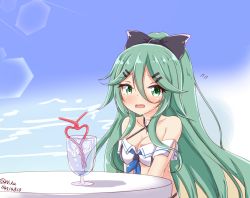 Rule 34 | 10s, 1girl, adapted costume, alternate costume, bare shoulders, bikini, blush, breasts, choker, cleavage, collarbone, cup, drinking glass, flying sweatdrops, green eyes, green hair, hair between eyes, hair ornament, hair ribbon, hairclip, heart straw, kantai collection, long hair, looking at viewer, medium breasts, niku114514810, open mouth, ponytail, ribbon, sitting, solo, swimsuit, table, wavy mouth, yamakaze (kancolle)