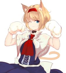 Rule 34 | 1girl, ;3, alice margatroid, animal ears, animal hands, ascot, blonde hair, blue dress, blue eyes, breasts, capelet, cat ears, cat tail, closed mouth, collar, cowboy shot, dress, gloves, hairband, highres, kemonomimi mode, lumo 1121, one eye closed, paw gloves, red hairband, sash, short hair, solo, tail, touhou