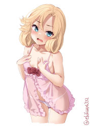 Rule 34 | 1girl, blonde hair, blue eyes, blush, breasts, cleavage, collarbone, curly hair, ebifurya, highres, janus (kancolle), kantai collection, looking at viewer, nightgown, open mouth, panties, short hair, simple background, small breasts, solo, thighs, twitter username, underwear, white background, white panties
