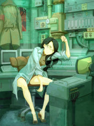 Rule 34 | 1girl, asterisk kome, bare legs, black hair, book, bored, chair, clothes hanger, coat, glasses, green eyes, head tilt, lab coat, legs, long hair, long sleeves, original, shelf, shorts, sleeves rolled up, solo, spread legs, television, toes
