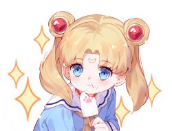 Rule 34 | 1girl, :t, aged down, bishoujo senshi sailor moon, blue eyes, blue shirt, blush, brown neckwear, child, choker, closed mouth, collared shirt, commentary request, crescent, crescent facial mark, derivative work, double bun, eating, facial mark, food, food on face, forehead mark, hair bun, hair ornament, highres, holding, holding food, ice cream, ice cream on face, light brown hair, long hair, long sleeves, meme, parted bangs, red choker, sailor moon, sailor moon redraw challenge (meme), screenshot redraw, shirt, simple background, sleeves past wrists, solo, sparkle, tsubasa tsubasa, tsukino usagi, twintails, upper body, white background