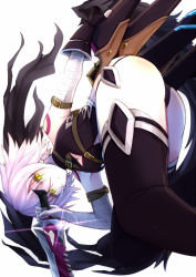 Rule 34 | 1girl, armpits, ass, bandaged arm, bandages, belt, black gloves, black hair, black panties, black thighhighs, breasts, cleavage, cleavage cutout, clothing cutout, fate/apocrypha, fate/grand order, fate (series), fingerless gloves, from below, gloves, hair between eyes, holding, holding sword, holding weapon, jack the ripper (fate/apocrypha), lens flare, panties, pantyshot, scar, scar across eye, scar on face, short hair, simple background, sleeveless, small breasts, solo, standing, sword, tattoo, thighhighs, underwear, upskirt, weapon, white background, white hair, yellow eyes, yude