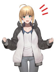 Rule 34 | 1girl, :d, absurdres, ahoge, aqua eyes, artoria pendragon (all), artoria pendragon (fate), black sleeves, blonde hair, blush, breasts, cleavage, coat, collarbone, cosplay, cowboy shot, denim, emiya shirou, emiya shirou (cosplay), fate/stay night, fate (series), grey pants, highres, jeans, long sleeves, looking at viewer, none (kameko227), open clothes, open coat, open mouth, pants, saber (fate), shirt, short hair, simple background, small breasts, smile, solo, standing, thigh gap, white background, white coat, white shirt