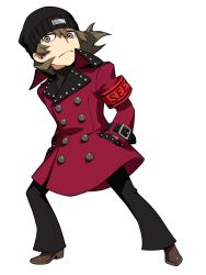 Rule 34 | 1boy, aragaki shinjirou, beanie, brown hair, coat, grey eyes, hands in pockets, hat, highres, male focus, official art, persona, persona 3, persona q2: new cinema labyrinth, persona q (series), s.e.e.s, solo, trench coat
