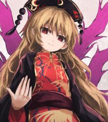 Rule 34 | 1girl, bad id, bad pixiv id, black dress, blonde hair, chinese clothes, dress, fox tail, hat, highres, junko (touhou), long hair, long sleeves, looking at viewer, multiple tails, red eyes, sash, smile, solo, tabard, tail, thkani, touhou, turtleneck, upper body, wide sleeves