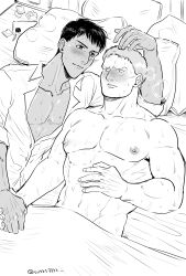 Rule 34 | 2boys, abs, absurdres, bara, bed, bertolt hoover, blush, closed mouth, collared shirt, couple, greyscale, highres, holding hands, large pectorals, looking at another, lying, monochrome, multiple boys, muscular, muscular male, navel, ni yuu, nipples, on back, on bed, on side, partially unbuttoned, pectorals, pillow, reiner braun, shingeki no kyojin, shirt, smile, yaoi
