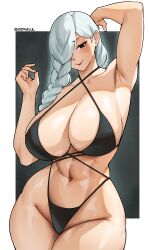 Rule 34 | 1girl, abs, absurdres, arm up, armpits, bare shoulders, bikini, black bikini, black eyes, braid, breasts, closed mouth, collarbone, commentary, cowboy shot, cromwellb, curvy, gradient background, grey hair, hair over one eye, hand up, highleg, highleg bikini, highres, huge breasts, jujutsu kaisen, long hair, looking at viewer, mei mei (jujutsu kaisen), navel, purple lips, solo, swimsuit, thick thighs, thighs, twitter username, wide hips