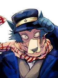 Rule 34 | 1boy, beastars, cosplay, dogma uepon, furry, furry male, hat, kepi, legoshi, military, military hat, military uniform, scar, scar on face, scarf, simple background, sugimoto saichi, sugimoto saichi (cosplay), uniform, upper body, voice actor connection, white background, wolf, yellow scarf