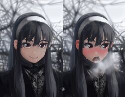 Rule 34 | 1girl, bare tree, black coat, black hair, black jacket, blush, coat, dana (ocana dana), headband, highres, huffing, jacket, long hair, looking at viewer, looking to the side, open mouth, photo-referenced, red eyes, scar, smile, snow, spy x family, sweat, tree, white headband, yor briar