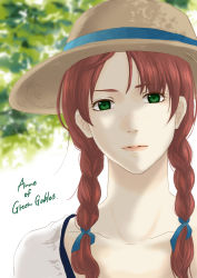 Rule 34 | 1girl, absurdres, aged up, anne of green gables, anne shirley, braid, collarbone, freckles, green eyes, hair ribbon, hat, highres, lips, long hair, looking at viewer, md5 mismatch, nippon animation, orange005, portrait, resolution mismatch, ribbon, solo, source smaller, sun hat, twin braids, world masterpiece theater