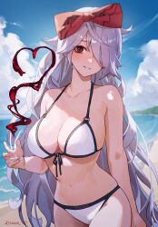 Rule 34 | 1girl, absurdres, arena of valor, bare arms, bare shoulders, beach, bikini, blue sky, blush, bow, breasts, cleavage, cloud, collarbone, commentary, commission, day, english commentary, front-tie bikini top, front-tie top, grey hair, grin, hair bow, hair over one eye, highres, large breasts, long hair, looking at viewer, navel, outdoors, red bow, red eyes, side-tie bikini bottom, sinestrea (arena of valor), skeb commission, sky, smile, solo, sooon, stomach, swimsuit, thighs, very long hair, water, white bikini