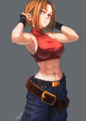 Rule 34 | 1girl, abs, armpits, baggy pants, bare shoulders, blonde hair, blue eyes, blue mary, breasts, crop top, denim, fatal fury, fingerless gloves, forehead, gloves, grey background, halterneck, halterneck, hands in hair, hapchi, large breasts, looking at viewer, midriff, muscular, muscular female, pants, red shirt, shirt, short hair, signature, simple background, sleeveless, solo, straight hair, the king of fighters