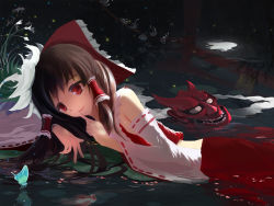 Rule 34 | 1girl, bad id, bad pixiv id, bare shoulders, bow, brown hair, bug, butterfly, detached sleeves, finger to mouth, flower, hair bow, hair tubes, hakurei reimu, bug, long sleeves, mask, mouth mask, myue (snowmoonlight), night, oni mask, red eyes, reflection, shirt, skirt, skirt set, smile, solo, torii, touhou, water, wide sleeves, yueyue