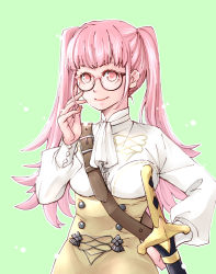 Rule 34 | 1girl, breasts, buttons, double-breasted, ebi puri (ebi-ebi), female focus, fire emblem, fire emblem: three houses, garreg mach monastery uniform, glasses, hilda valentine goneril, leather strap, long hair, matching hair/eyes, medium breasts, nintendo, official alternate costume, pink eyes, pink hair, smile, solo, sword, twintails, upper body, weapon