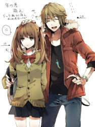 Rule 34 | 1boy, 1girl, ^ ^, ^o^, age difference, bag, belt, blazer, bow, bowtie, brown hair, buckle, character age, closed eyes, collared shirt, denim, feathers, fur trim, hair between eyes, headpat, hood, hooded jacket, jacket, jeans, jewelry, long hair, long sleeves, looking away, necklace, original, pants, pendant, pout, red bow, red bowtie, round teeth, school bag, school uniform, shirt, simple background, t-shirt, teeth, translation request, twintails, watch, white background, white shirt, wonoco0916
