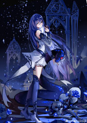 Rule 34 | 1girl, absurdres, artist request, blue hair, blue thighhighs, bone, cang yue (tou xing jiuyue tian), closed mouth, detached sleeves, dress, expressionless, from side, full body, grey eyes, hand up, highres, long hair, looking at viewer, night, night sky, second-party source, skull, sky, snake, solo, star (sky), thighhighs, tou xing jiuyue tian, white dress, white footwear