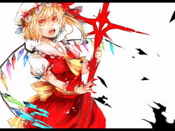 Rule 34 | 1girl, ascot, blonde hair, claws, cross, dress, fangs, female focus, fingernails, flandre scarlet, frea, hat, hat ribbon, letterboxed, looking at viewer, mob cap, nail polish, open mouth, puffy sleeves, red dress, red eyes, red nails, ribbon, sash, shirt, short sleeves, side ponytail, solo, touhou, wings, wrist cuffs