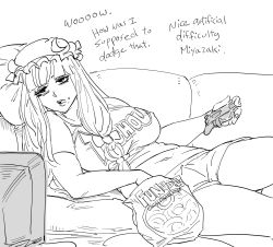 Rule 34 | 1girl, alternate costume, bags under eyes, bb (baalbuddy), belly, bow, breasts, chips (food), clothes writing, commentary, contemporary, controller, copyright name, couch, crescent, crescent pin, eating, english commentary, english text, food, game controller, greyscale, hair bow, half-closed eyes, hat, highres, large breasts, long hair, lying, mob cap, monochrome, navel, on back, open mouth, patchouli knowledge, pillow, shirt, short sleeves, shorts, sketch, slovenly, solo, t-shirt, television, thighs, touhou