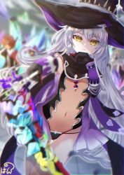 Rule 34 | 1girl, blurry, blurry background, blurry foreground, drowpan4 23, flat chest, hat, highres, hilda (stella glow), leotard, long hair, navel, see-through, see-through leotard, solo focus, stella glow, very long hair, white hair, witch, witch hat, yellow eyes