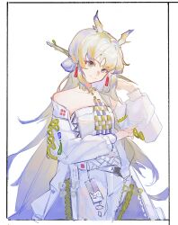Rule 34 | 1girl, arknights, bare shoulders, blue hair, border, chinese commentary, choker, closed mouth, collarbone, colored tips, commentary request, cowboy shot, dragon girl, dragon horns, earrings, green eyes, green hair, grey hair, hair ornament, hair stick, hand up, highres, horns, jacket, jewelry, long hair, long sleeves, looking at viewer, multicolored hair, off shoulder, pants, pointy ears, q77q77, shirt, shu (arknights), solo, strapless, strapless shirt, tassel, tassel earrings, very long hair, white border, white jacket, white pants, white shirt