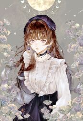Rule 34 | 1girl, absurdres, black choker, black skirt, brooch, brown hair, buttons, choker, earrings, flower, frilled shirt, frills, grey background, hair intakes, high-waist skirt, highres, jewelry, long hair, long sleeves, looking at viewer, moon, moon phases, necklace, original, parted lips, purple eyes, purple headwear, shirone (coxo ii), shirt, skirt, solo, upper body, white shirt
