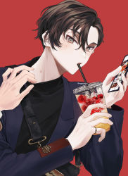 Rule 34 | 2boys, artist name, bag, black shirt, blue coat, brown hair, cellphone, coat, commentary, drink, drinking straw, drinking straw in mouth, grey eyes, hickey, highres, holding, holding drink, holding phone, ice, ice cube, jewelry, light blush, long sleeves, looking at viewer, male focus, mege (megechan), multiple boys, original, parted lips, phone, red background, ring, shirt, short hair, shoulder bag, simple background, smartphone, solo focus, upper body