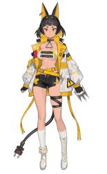 Rule 34 | !, 1girl, absurdres, animal ears, asymmetrical footwear, belt, black choker, black hair, black shorts, blonde hair, boots, breasts, cat ears, choker, cleavage, electric plug, fake animal ears, fake tail, full body, gloves, half gloves, highres, holding, holding weapon, jacket, large breasts, multicolored hair, open clothes, open jacket, original, panties, sattan (u rara), short eyebrows, short shorts, shorts, slit pupils, socks, standing, strapless, tail, thigh strap, tube top, underwear, weapon, white background, white footwear, white jacket, white panties, white socks, yellow belt, yellow eyes