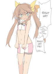 Rule 34 | 1girl, aqua eyes, bike shorts, blade (galaxist), brown hair, cosplay, gundam, gundam build fighters, gundam build fighters try, hair ribbon, hard-translated, hoshino fumina, hoshino fumina (cosplay), huang lingyin, infinite stratos, jpeg artifacts, long hair, looking at viewer, navel, open mouth, ribbon, sketch, solo, sports bra, tears, third-party edit, translated, trembling, tsundere, twintails, very long hair, wavy mouth, white background