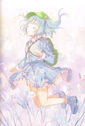 Rule 34 | 1girl, 6u (eternal land), absurdres, backpack, bag, blue footwear, blue hair, boots, bubble, closed eyes, frills, full body, hair bobbles, hair ornament, hat, highres, kawashiro nitori, key, long sleeves, open mouth, rubber boots, scan, scan artifacts, shirt, short hair, skirt, skirt set, solo, string, submerged, touhou, twintails, two side up, underwater, vest