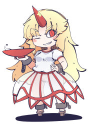 Rule 34 | 1girl, ;d, blonde hair, blouse, chahan (fried rice0614), cuffs, cup, full body, geta, grin, hand on own hip, highres, holding, holding cup, horns, hoshiguma yuugi, long hair, looking at viewer, one-hour drawing challenge, one eye closed, open mouth, red eyes, red horns, sakazuki, see-through, see-through skirt, shackles, shirt, simple background, single horn, skirt, smile, solo, touhou, white background, white shirt