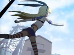 Rule 34 | 10s, 1girl, black panties, blonde hair, cloud, day, elbow gloves, gloves, hairband, kantai collection, long hair, otoi rekomaru, panties, personification, running, shimakaze (kancolle), skirt, sky, solo, striped clothes, striped thighhighs, thighhighs, underwear, white gloves