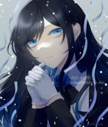 Rule 34 | 1girl, ado (utaite), black bow, black bowtie, black coat, black hair, blue eyes, blue flower, blue rose, bow, bowtie, chando (ado), cloud nine inc, coat, collared shirt, commentary request, confetti, dated, flower, flower brooch, gloves, happy birthday, interlocked fingers, long hair, long sleeves, looking at viewer, no mole, own hands together, parted lips, rose, shirt, shouzai (ooo1007ooo), solo, twitter username, upper body, utaite, white gloves, white shirt