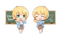Rule 34 | 1girl, :d, ^ ^, ahoge, baker at bat, belt, belt buckle, blonde hair, blue jacket, blush stickers, bow, bowtie, buckle, chalk, chalkboard, character name, chibi, closed eyes, drawing, ellen baker, green eyes, hair over shoulder, holding, jacket, long sleeves, looking at viewer, low ponytail, multiple views, new horizon, ninamo, open clothes, open jacket, open mouth, shirt, smile, sponge, standing, teacher, white bow, white bowtie, white shirt