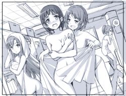 Rule 34 | 10s, 4girls, ass, assisted exposure, asuna (sao), black hair, blush, breast envy, censored, censored nipples, completely nude, convenient censoring, covering breasts, covering privates, hair ornament, hairclip, highres, kirigaya suguha, lisbeth (sao), long hair, long legs, monochrome, multiple girls, naked towel, nude, nude cover, open mouth, panties, short hair, silica, sketch, spoken squiggle, squiggle, sword art online, tonee, topless, towel, twintails, underwear, underwear only