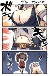 Rule 34 | 10s, 2girls, 3koma, bad id, bad pixiv id, belt, blonde hair, breast envy, breasts, brown hair, cleavage, collar, comic, commentary request, elbow gloves, engiyoshi, fingerless gloves, gloves, hand on own hip, hands on own chest, hat, iowa (kancolle), jacket, japanese clothes, kantai collection, kariginu, large breasts, long hair, midriff, miniskirt, multiple girls, navel, open mouth, pleated skirt, red jacket, revision, ryuujou (kancolle), shaded face, shirt, skirt, sleeves past wrists, socks, tied shirt, translated, twintails, visor cap, wide sleeves