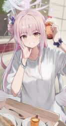 Rule 34 | 1girl, absurdres, blue archive, blush, bracelet, breasts, collarbone, cup, disposable cup, fingernails, hair bun, halo, highres, holding, holding cup, jewelry, jsscj, looking at viewer, medium breasts, mika (blue archive), nail polish, pink hair, shirt, sidelocks, single side bun, smile, solo, white shirt, wooden tray