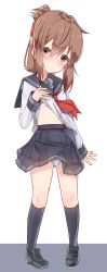 Rule 34 | 10s, 1girl, absurdres, anchor symbol, black skirt, black socks, brown eyes, brown hair, clothes lift, folded ponytail, full body, highres, inazuma (kancolle), kantai collection, kneehighs, lifting own clothes, loafers, long hair, neckerchief, panties, pantyshot, pleated skirt, red neckerchief, school uniform, serafuku, shirt lift, shoes, skirt, skirt lift, socks, solo, standing, striped clothes, striped panties, tetora pod , underwear, white background
