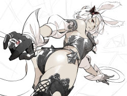 Rule 34 | 1girl, animal ears, ass, ass focus, black bow, black gloves, black panties, black thighhighs, bow, bracelet, bug, butterfly, butterfly hair ornament, chakram, cowboy shot, dark skin, final fantasy, final fantasy xiv, gloves, hair ornament, highres, holding, holding weapon, insect, jewelry, kyo (kuroichigo), panties, parted lips, rabbit ears, red eyes, ring, thighhighs, underwear, viera, weapon, white hair