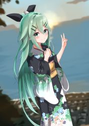 Rule 34 | 1girl, absurdres, black kimono, black ribbon, blurry, commentary request, depth of field, floral print, green eyes, green hair, hair between eyes, hair ornament, hair ribbon, hairclip, hand on own chest, highres, japanese clothes, kantai collection, kimono, long hair, morning, numarinko, ocean, official alternate costume, outdoors, parted bangs, ponytail, ribbon, sidelocks, solo, sunrise, v, yamakaze (kancolle)